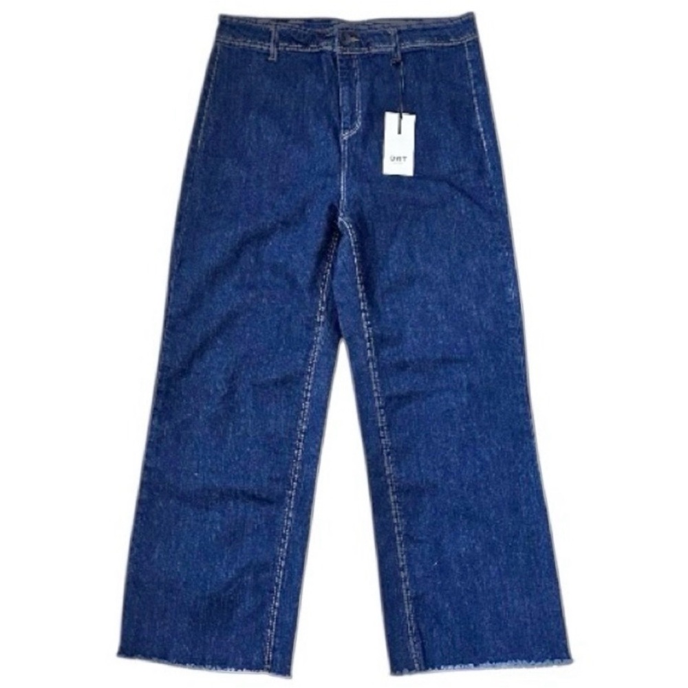 NWT OAT N.Y. Jeans Dark wash blue high rise wide leg raw hem back pockets 16W - Picture 2 of 11